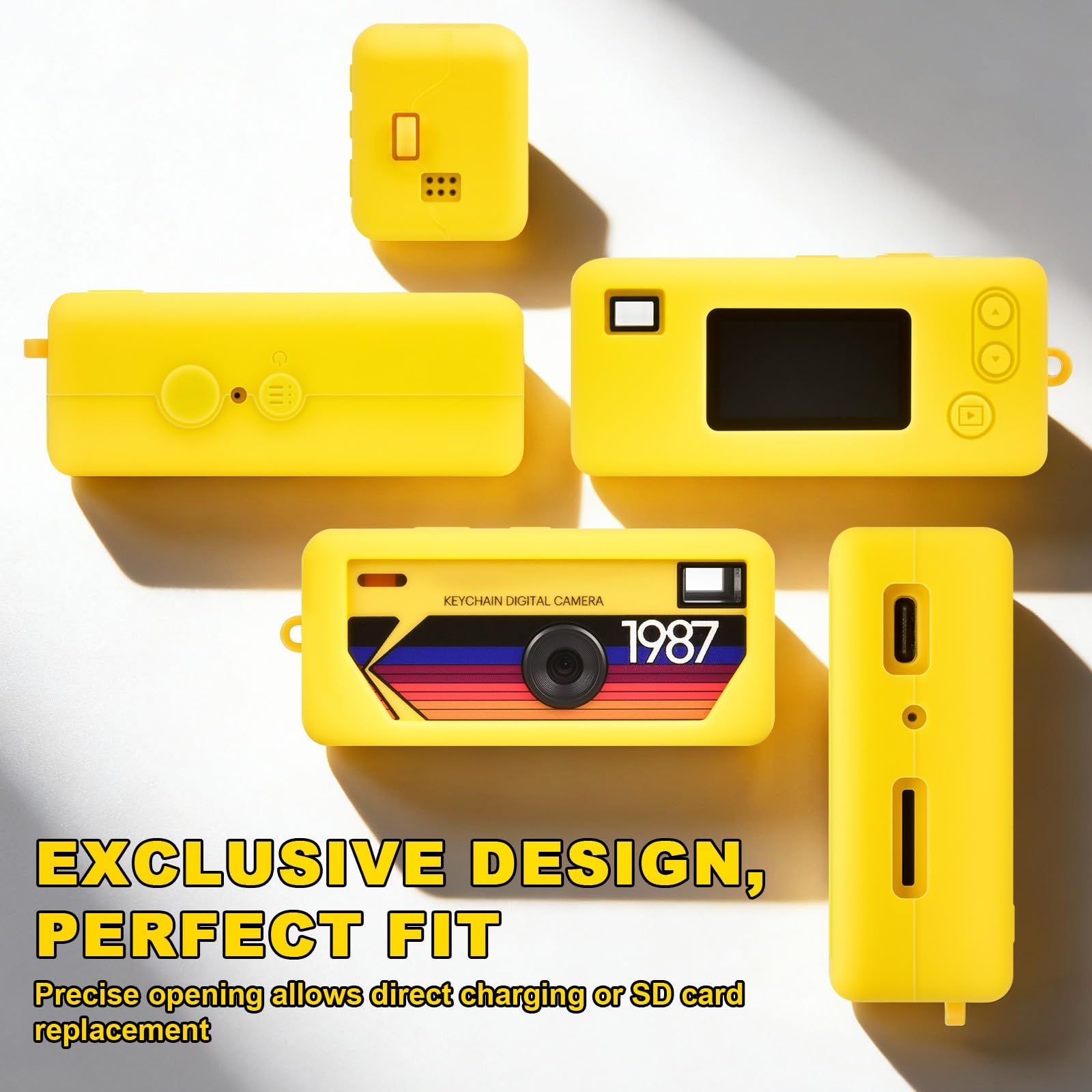Yellow with retro camera graphic silicone case for Kodak Charmera keychain camera precise-fit design shown from multiple angles