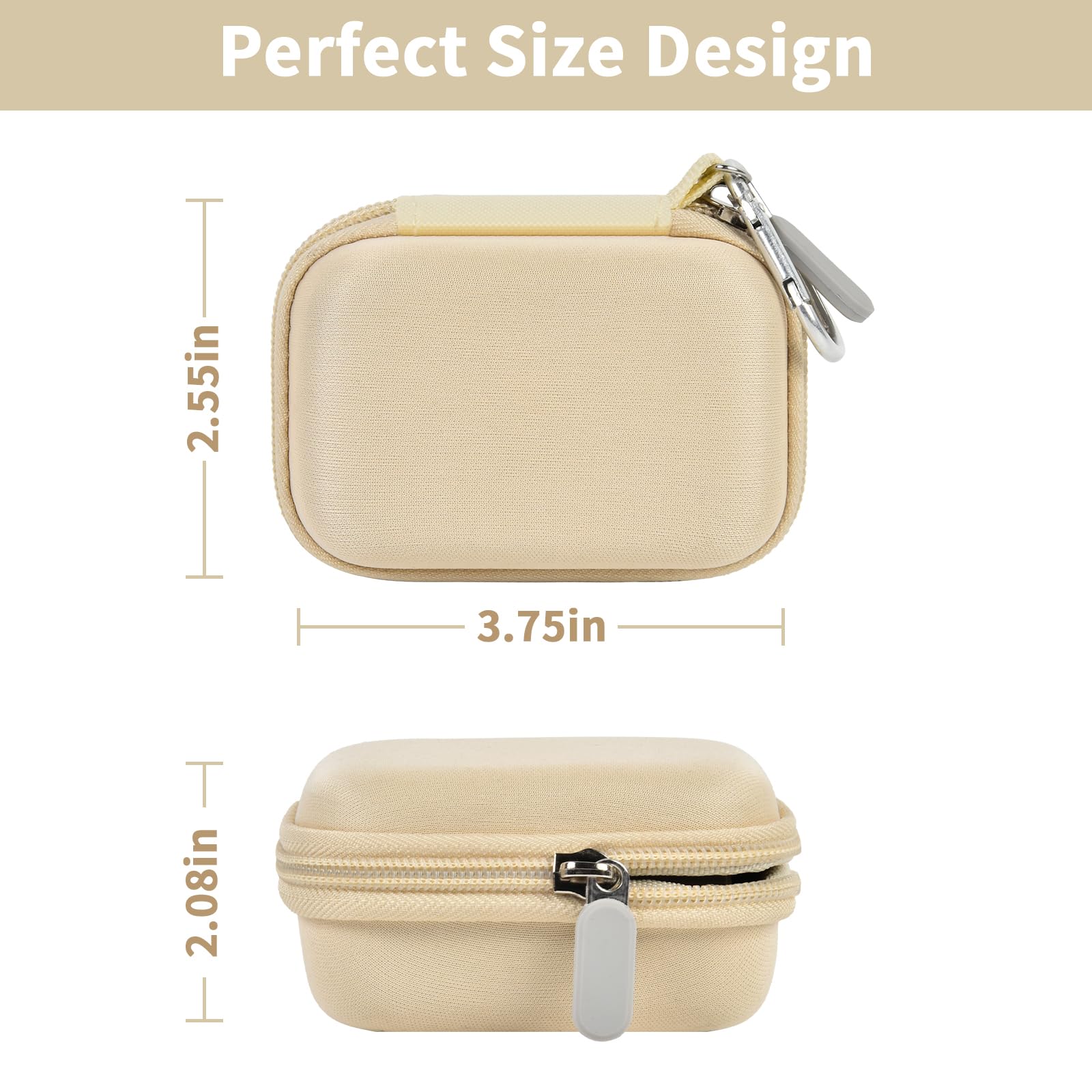 Beige portable charger case dimensions with compact hard-shell design