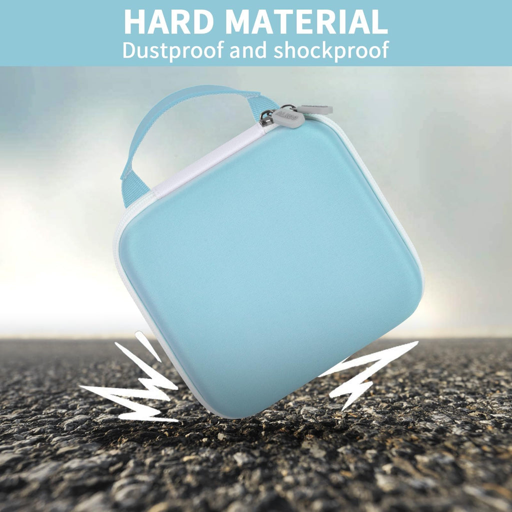 Light blue NIIMBOT printer case demonstrating dustproof and shockproof hard-shell protection