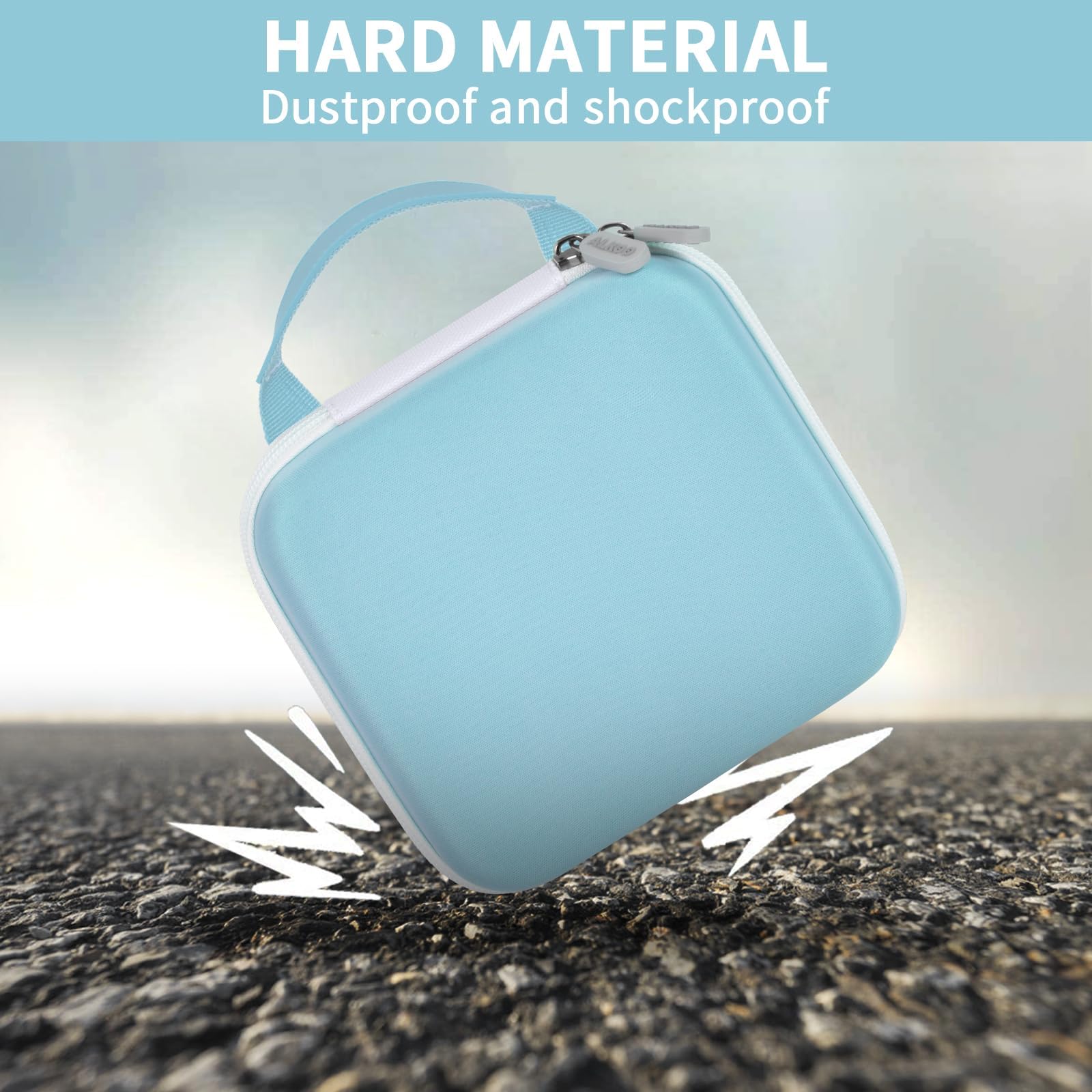 Light blue NIIMBOT printer case demonstrating dustproof and shockproof hard-shell protection
