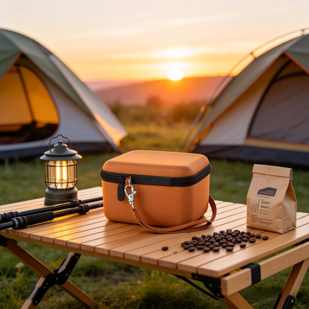 Orange camera case beside camping equipment on an outdoor table