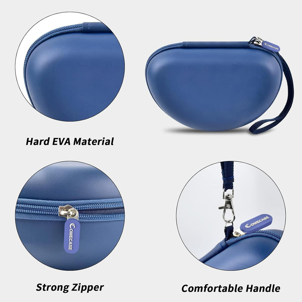 Open navy blue headphone case with mesh accessory pocket and folded over-ear headphones