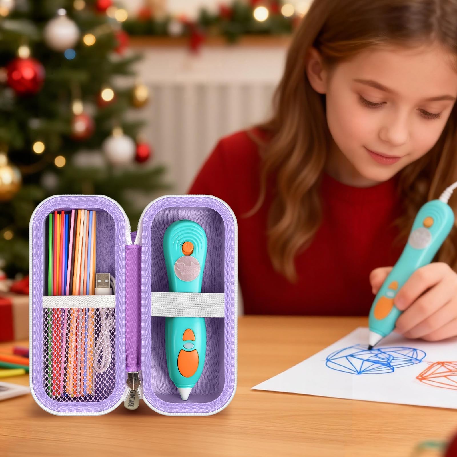 Girl using a 3D printing pen beside the open lavender organizer with filaments
