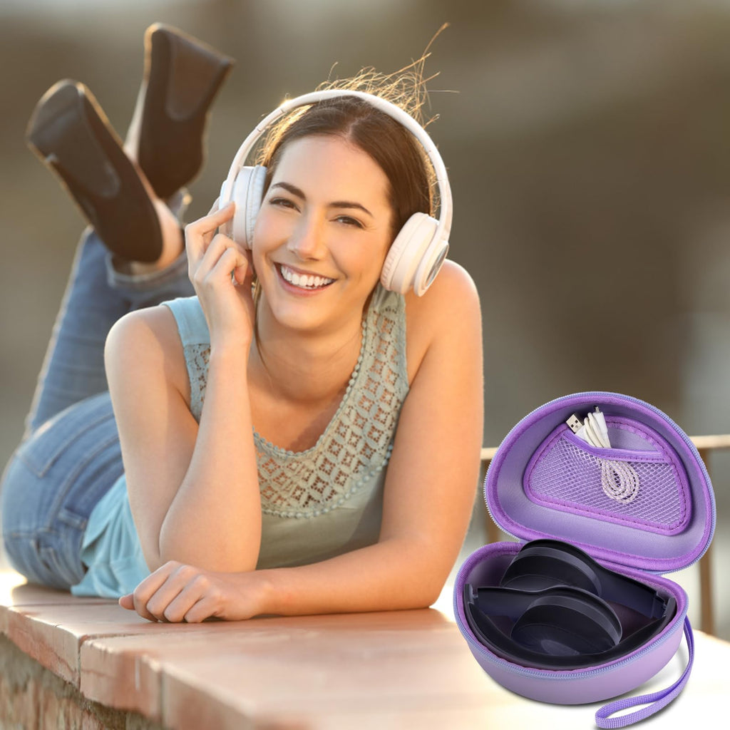 Woman wearing headphones beside the open purple carrying case