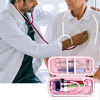 Open pink checkered stethoscope organizer case shown during a patient examination