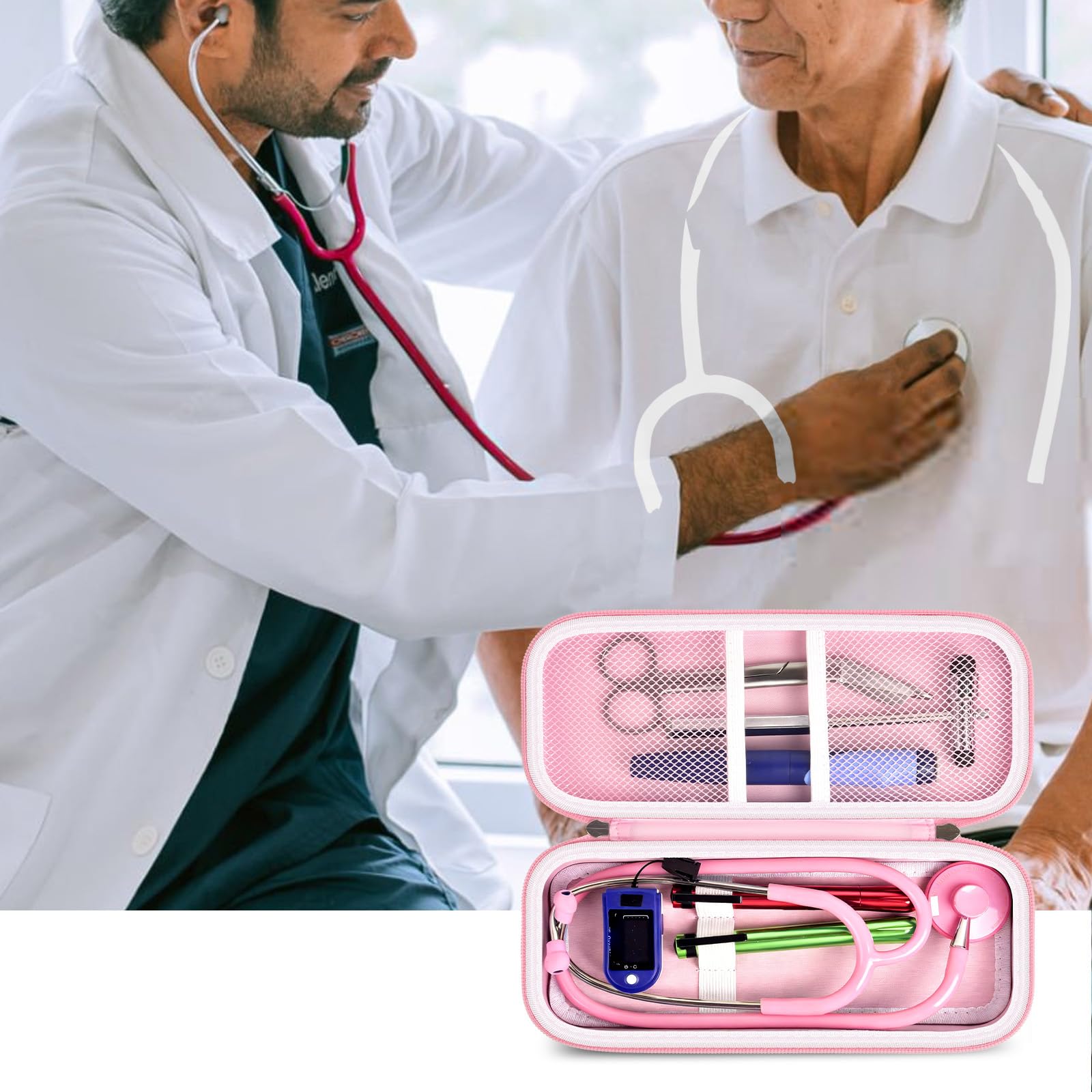 Open pink checkered stethoscope organizer case shown during a patient examination