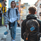 Blue and orange JBL Go speaker case carried by hand and attached to a backpack