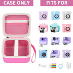 Pink kids instant print camera case shown open beside a compatible kids instant print camera and accessories