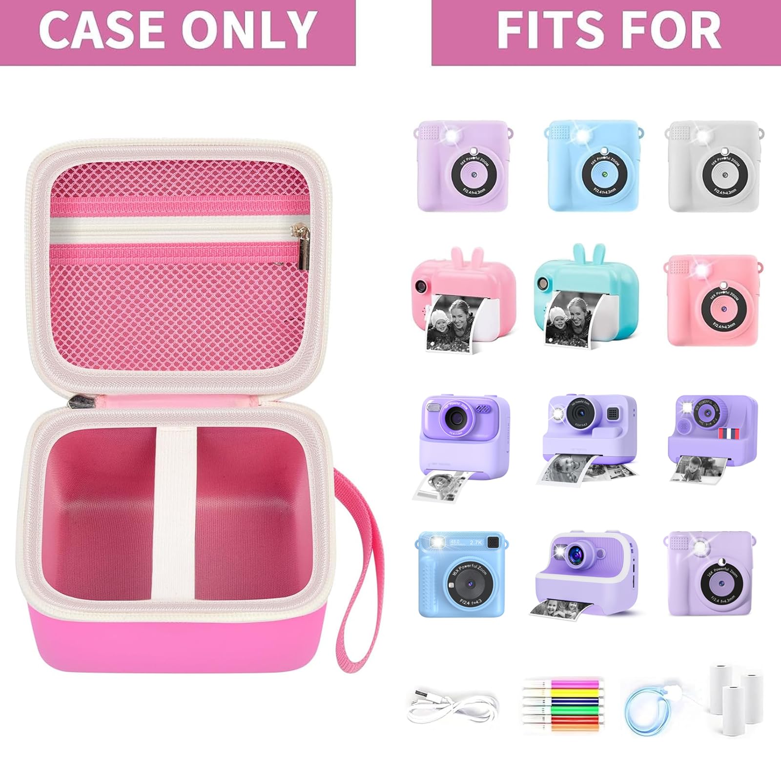 Pink kids instant print camera case shown open beside a compatible kids instant print camera and accessories