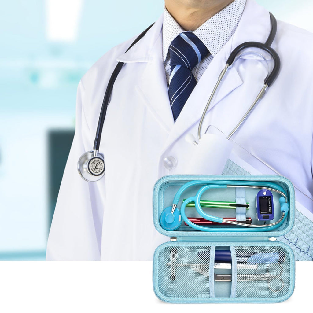 Doctor with an open light blue stethoscope organizer case for medical accessories