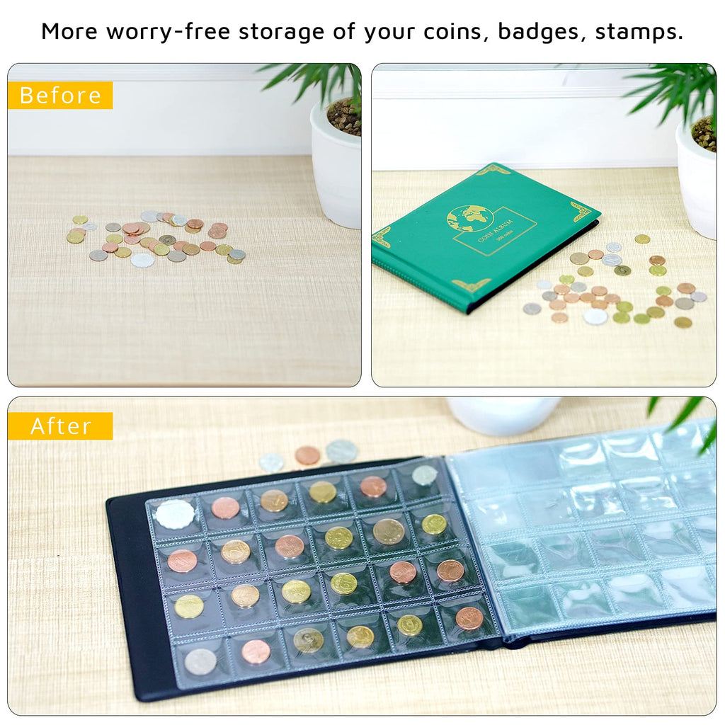Before-and-after view of loose coins organized inside the green collection album