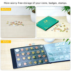 Before-and-after view of loose coins organized inside the green collection album