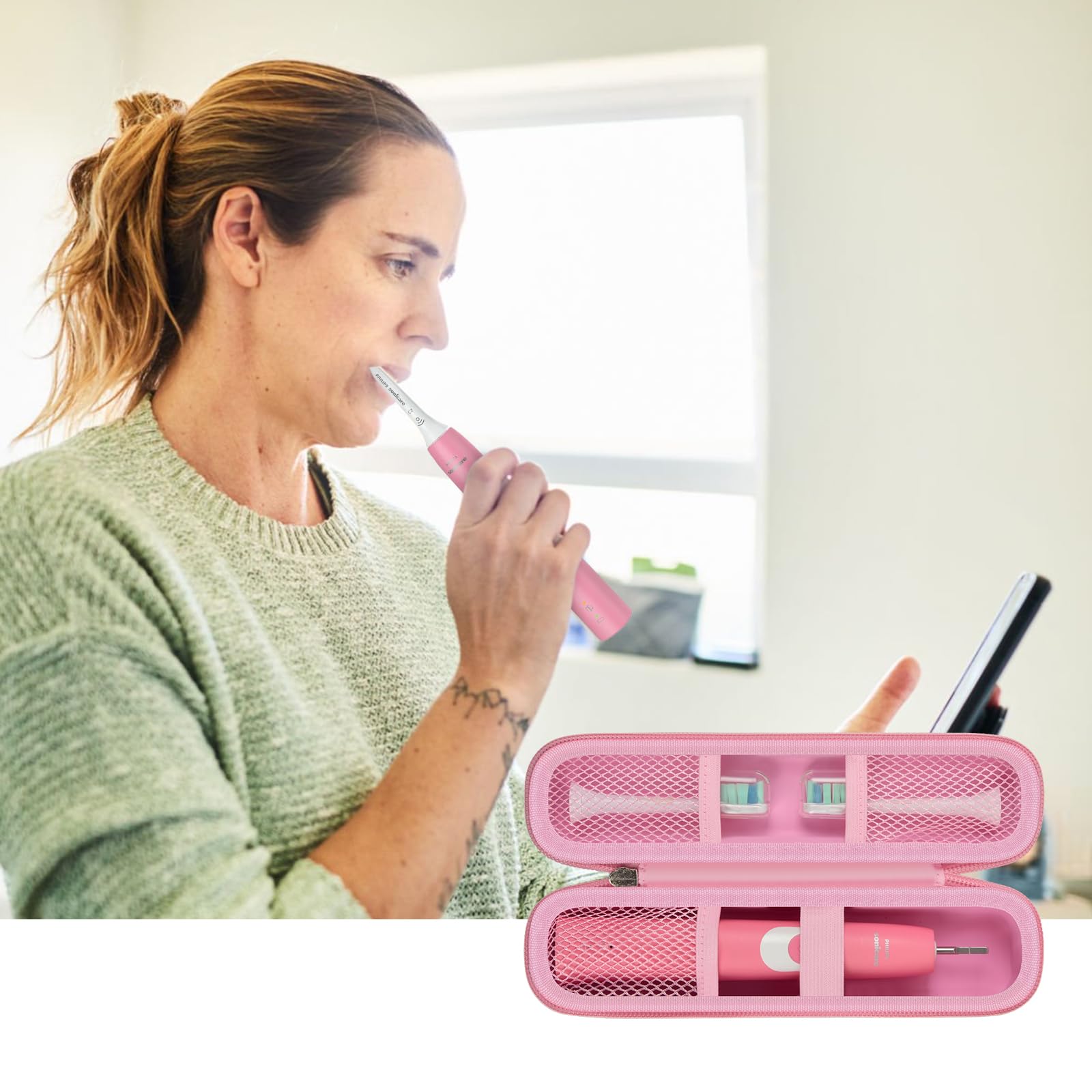 Woman using an electric toothbrush with accessories organized in the pink slim case