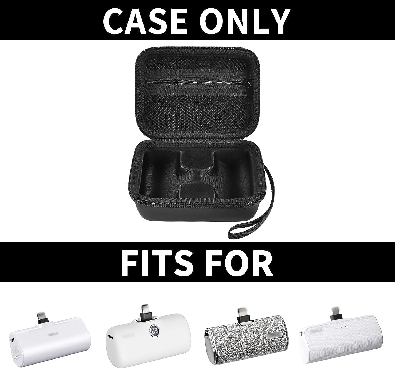 Open black mini power bank case shown with compatible portable chargers; case only