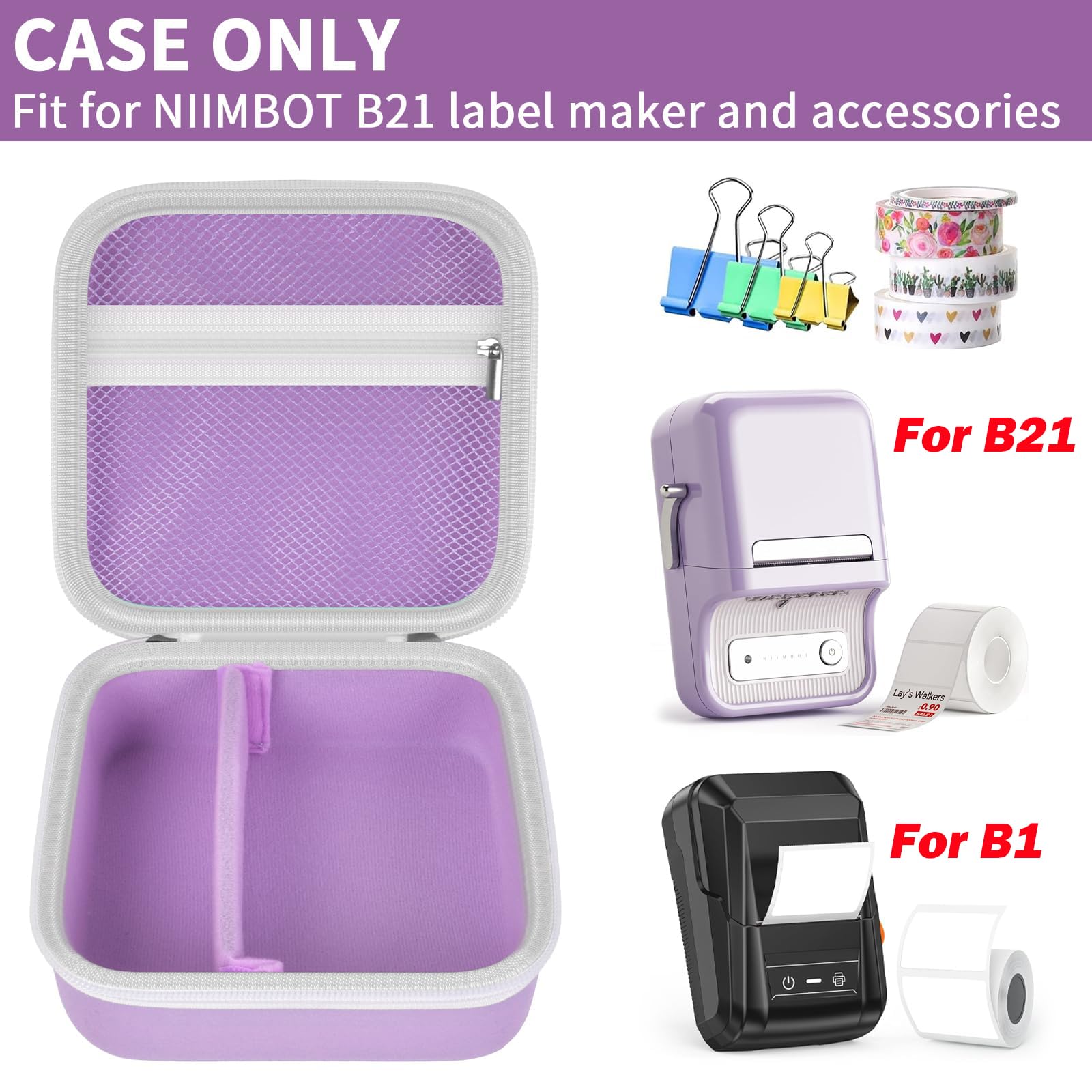 Open purple NIIMBOT B21 and B1 label maker case with mesh pocket and divided interior; case only