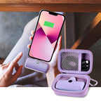 Open purple case organizing a mini power bank and cable beside a charging phone