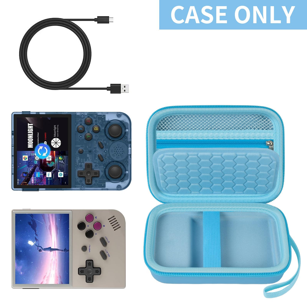 Light blue retro handheld console carrying case shown open with compatible retro handheld consoles and cable