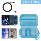 Light blue retro handheld console carrying case shown open with compatible retro handheld consoles and cable