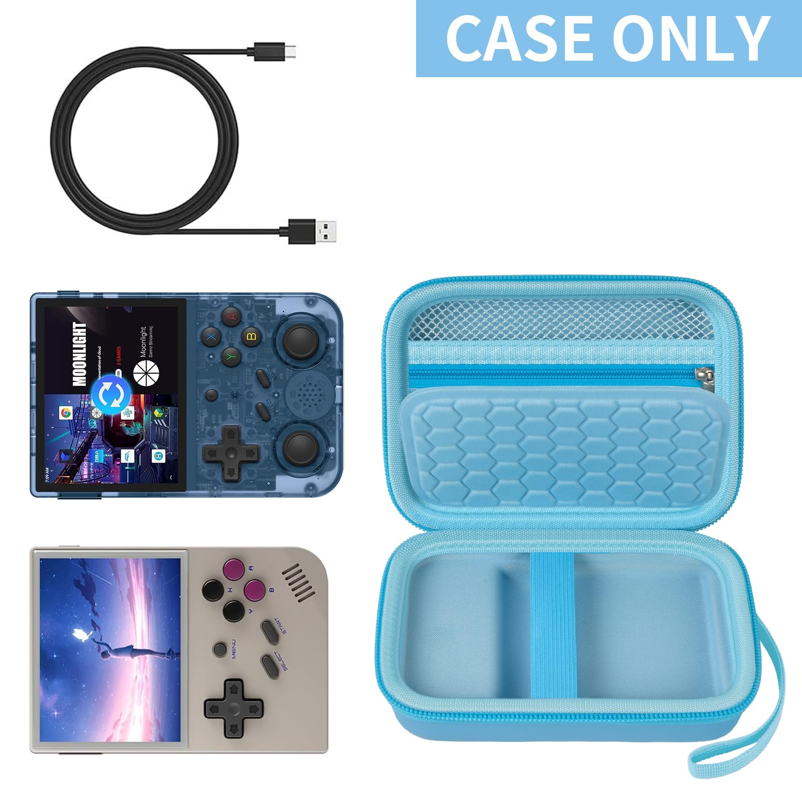 Light blue retro handheld console carrying case shown open with compatible retro handheld consoles and cable