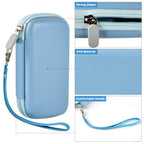 Blue EVA power bank case with strong zipper, protective shell, and comfortable wrist strap