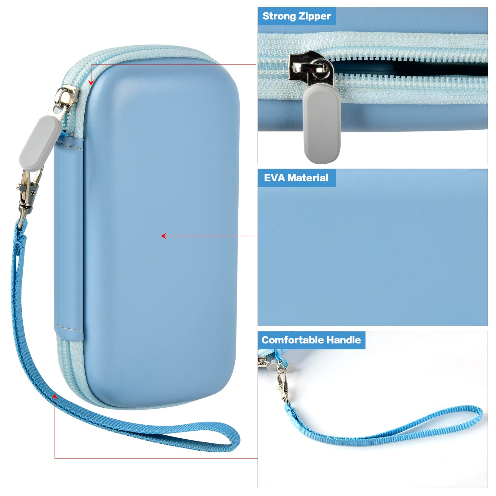 Blue EVA power bank case with strong zipper, protective shell, and comfortable wrist strap