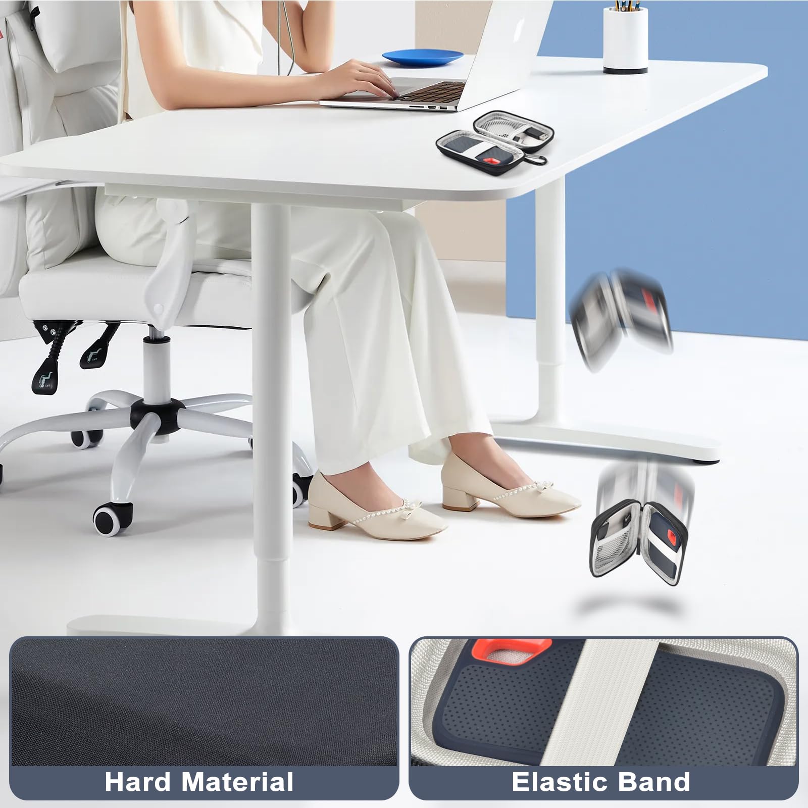 Black SSD case shown with hard shell and elastic storage band in an office setting