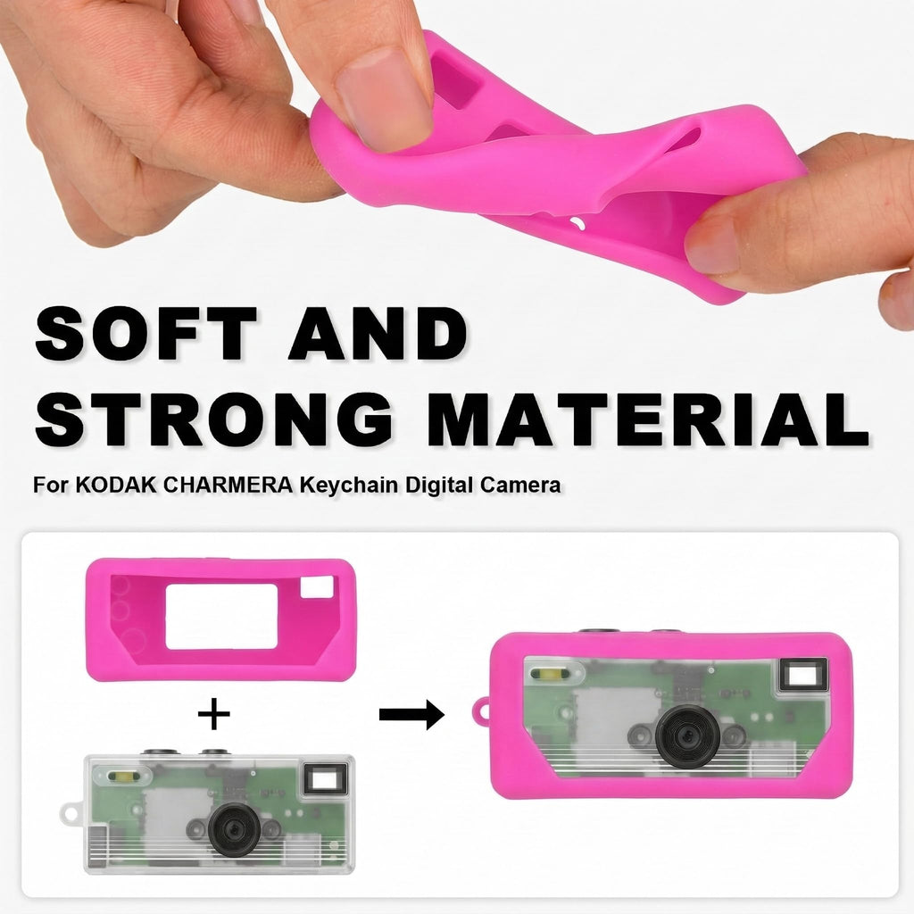 Hot pink silicone case for Kodak Charmera keychain camera soft, flexible material demonstration