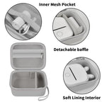 Gray label maker case interior with mesh pocket, removable divider, and soft lining