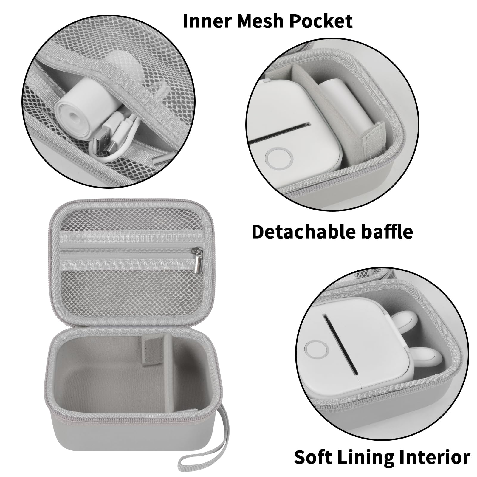 Gray label maker case interior with mesh pocket, removable divider, and soft lining
