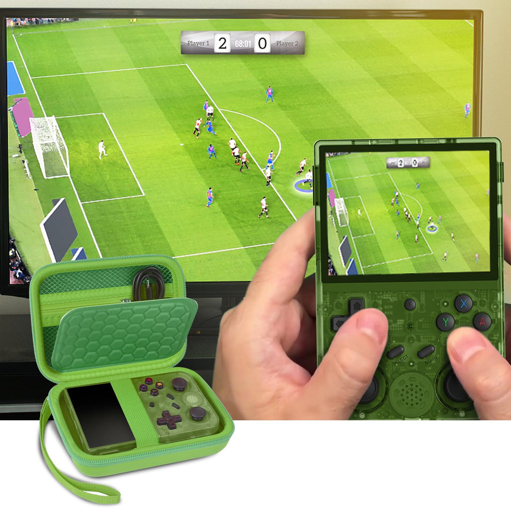 Green retro handheld console carrying case shown open beside a handheld console during gameplay