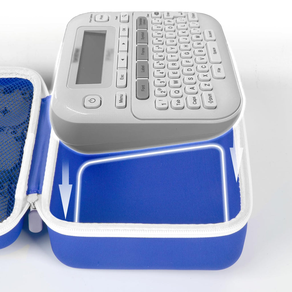 P-touch label maker fitted inside the blue and white carrying case