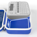 P-touch label maker fitted inside the blue and white carrying case