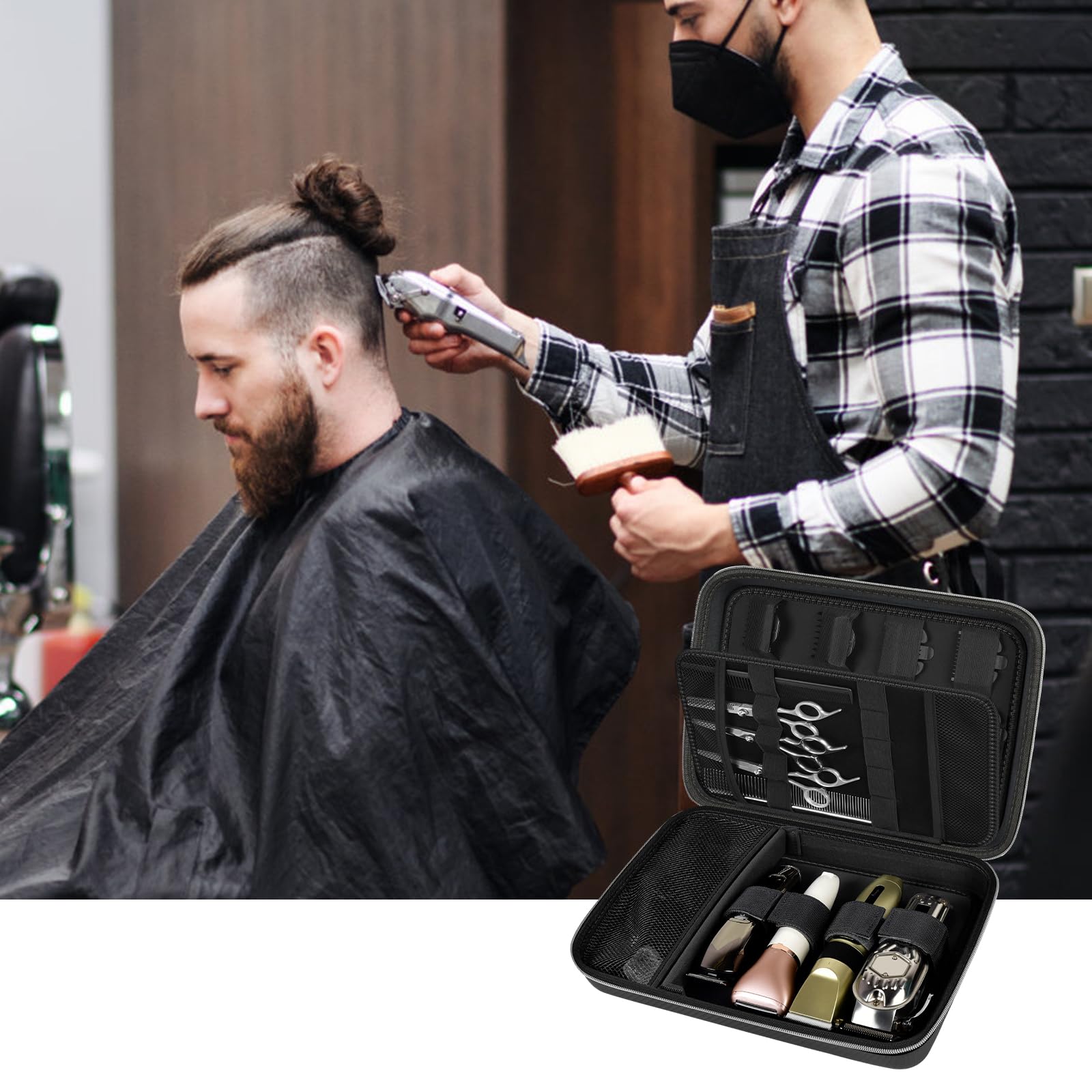 Barber using clippers beside an open black grooming organizer case