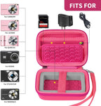 Open bright pink compact camera case shown with compatible Kodak, Canon, and Sony cameras