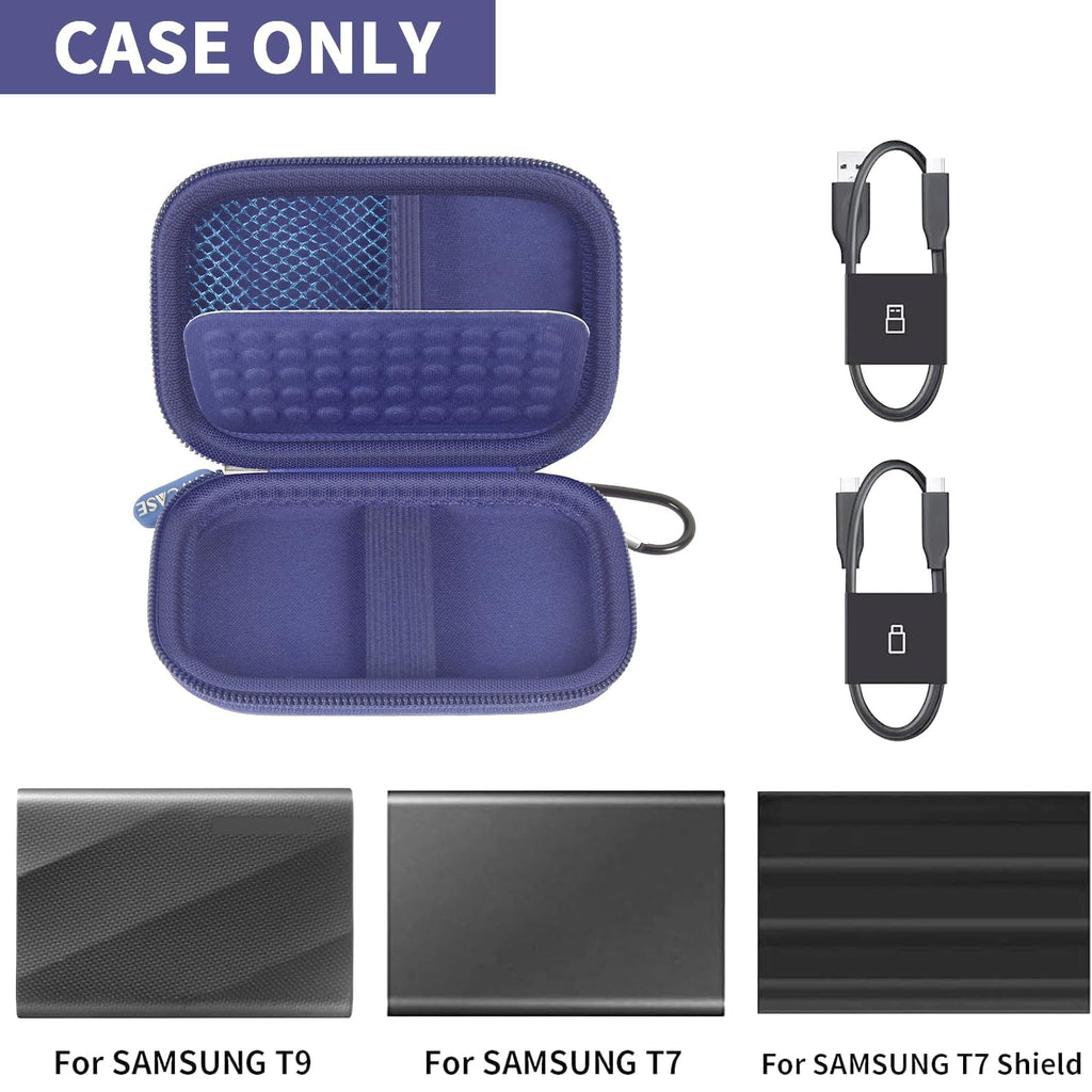 Open blue Samsung T7 and T9 portable SSD case with mesh pocket and elastic straps; case only
