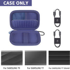 Open blue Samsung T7 and T9 portable SSD case with mesh pocket and elastic straps; case only