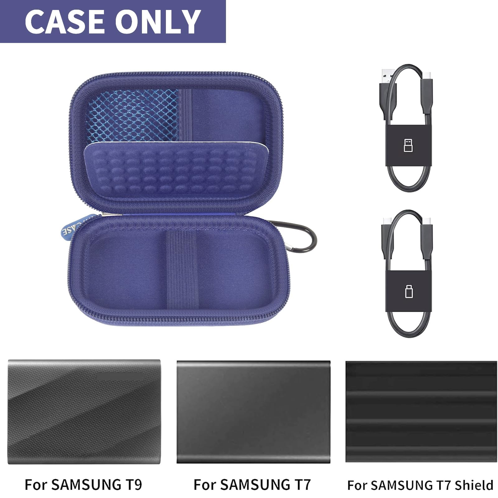Open blue Samsung T7 and T9 portable SSD case with mesh pocket and elastic straps; case only