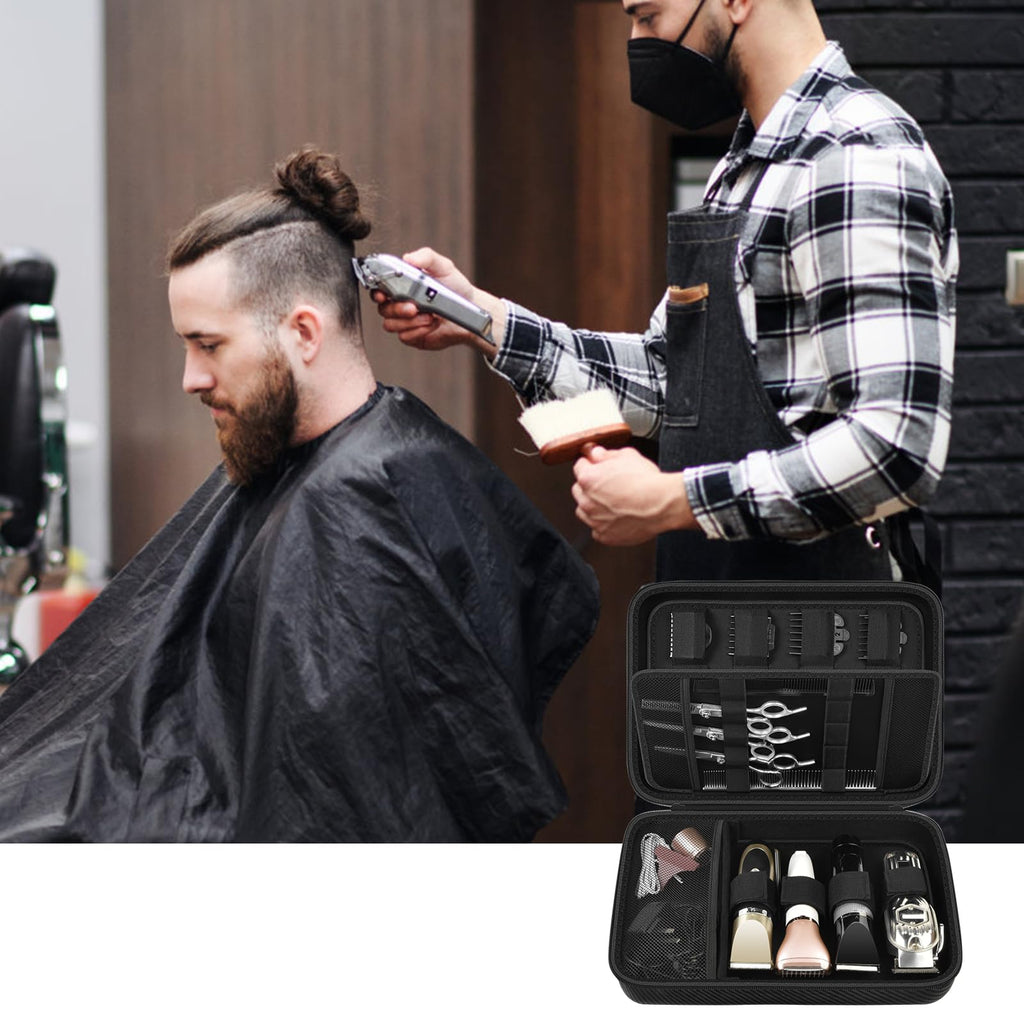 Barber cutting hair beside an open black clipper and grooming tool case
