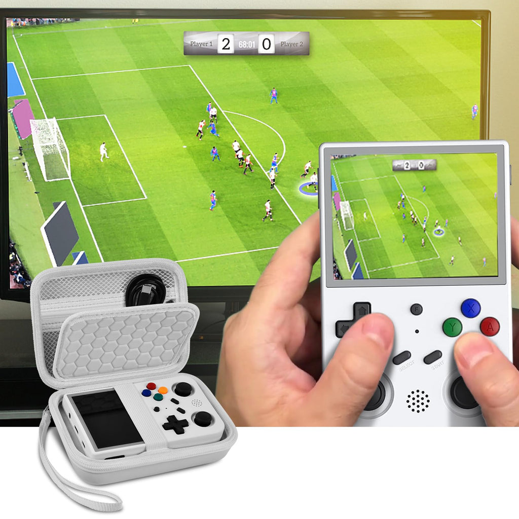 White retro handheld console carrying case shown open beside a handheld console during gameplay