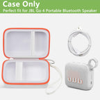 Open white and orange JBL Go speaker case with mesh cable pocket and elastic retaining strap; case only