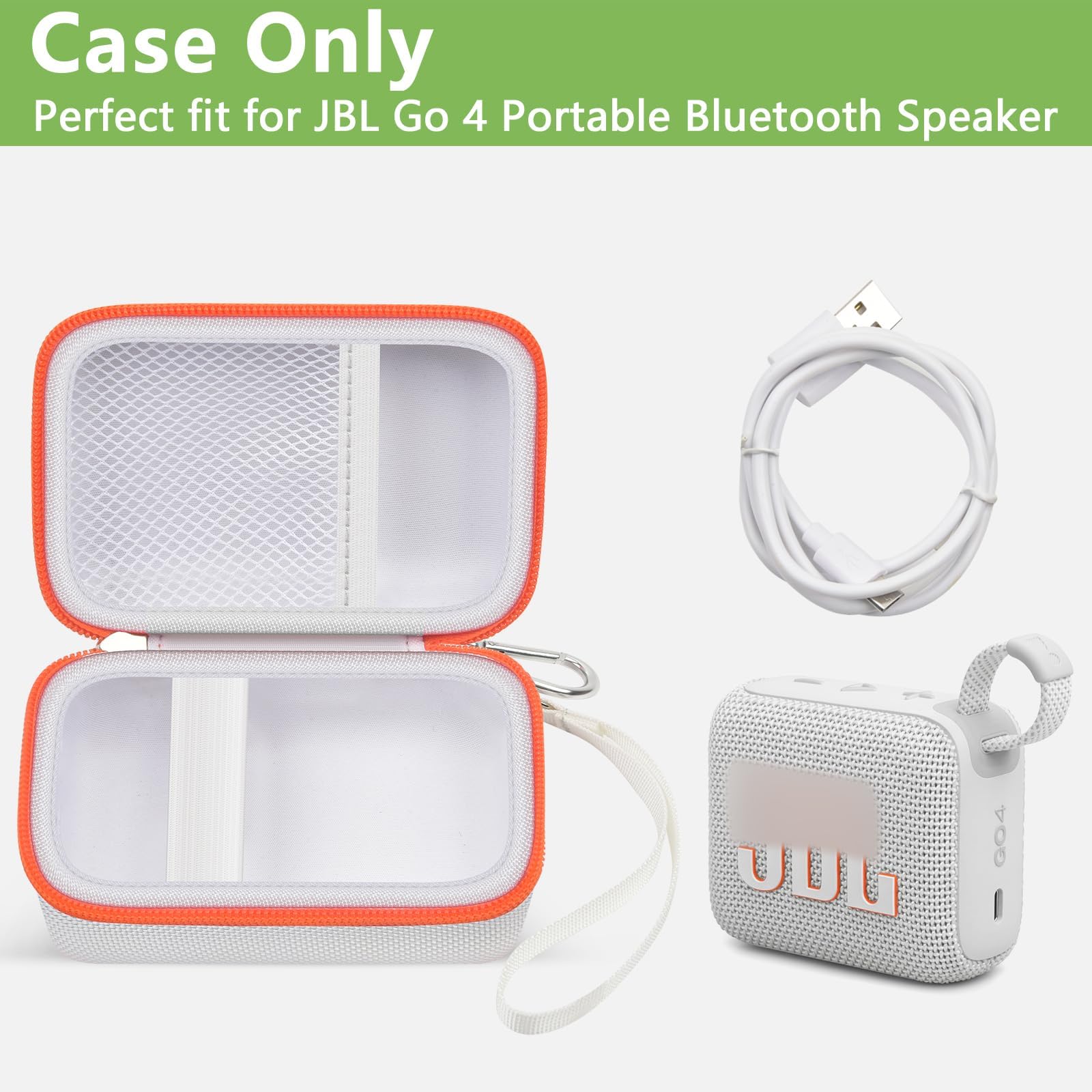 Open white and orange JBL Go speaker case with mesh cable pocket and elastic retaining strap; case only