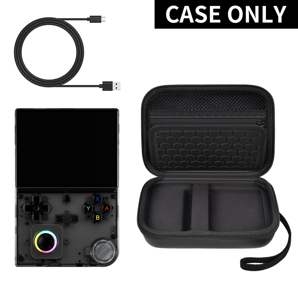 Black retro handheld console carrying case for RG40XX V shown open with compatible console and cable