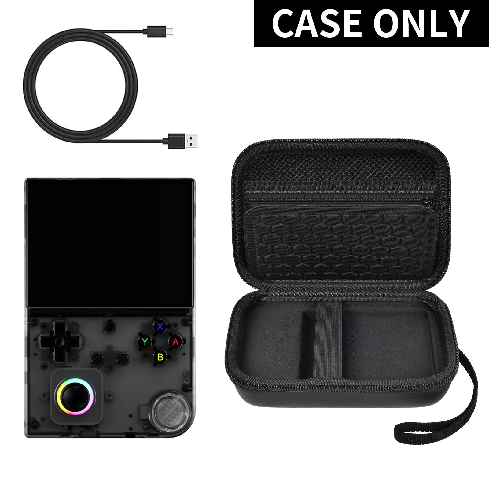 Black retro handheld console carrying case for RG40XX V shown open with compatible console and cable