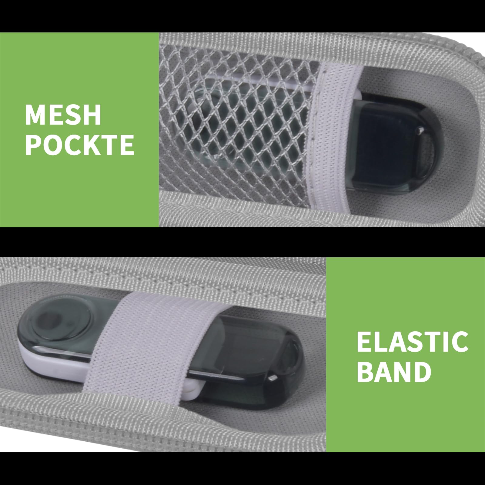 Gray USB flash drive and SD card storage case mesh pocket and elastic strap interior