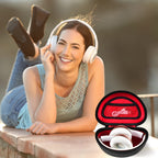 Woman wearing headphones beside the open black and red carrying case