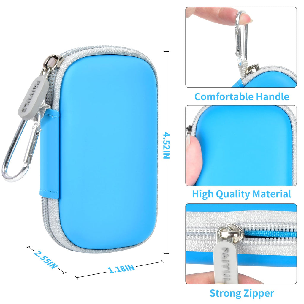 Blue portable SSD case dimensions with carabiner, zipper, and hard shell