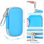Blue portable SSD case dimensions with carabiner, zipper, and hard shell