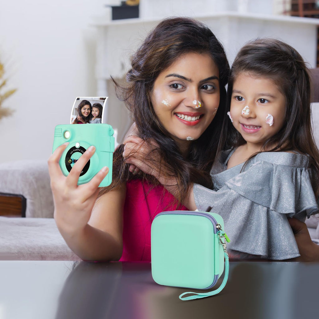 Mint green kids instant print camera case carried by a child outdoors