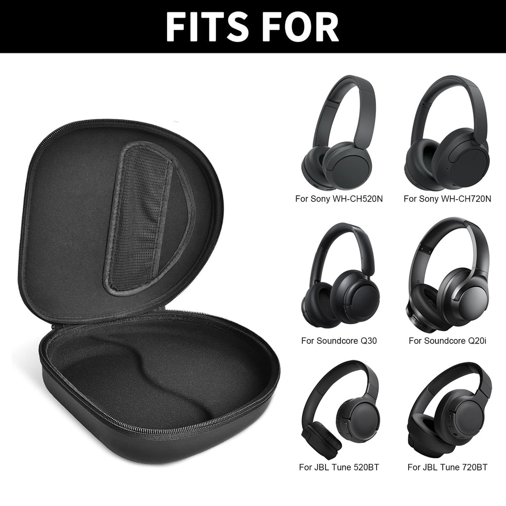 Open black headphone case shown with compatible Sony and JBL over-ear headphones