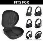 Open black headphone case shown with compatible Sony and JBL over-ear headphones